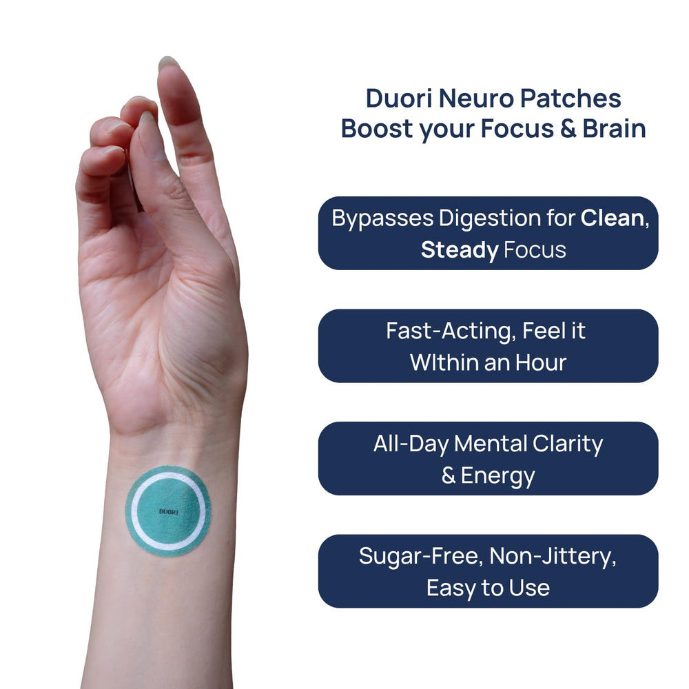 DUORI Neuro Patch close up showing L-Theanine and Rhodiola supporting mental clarity.