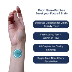 DUORI Neuro Patch close up showing L-Theanine and Rhodiola supporting mental clarity.