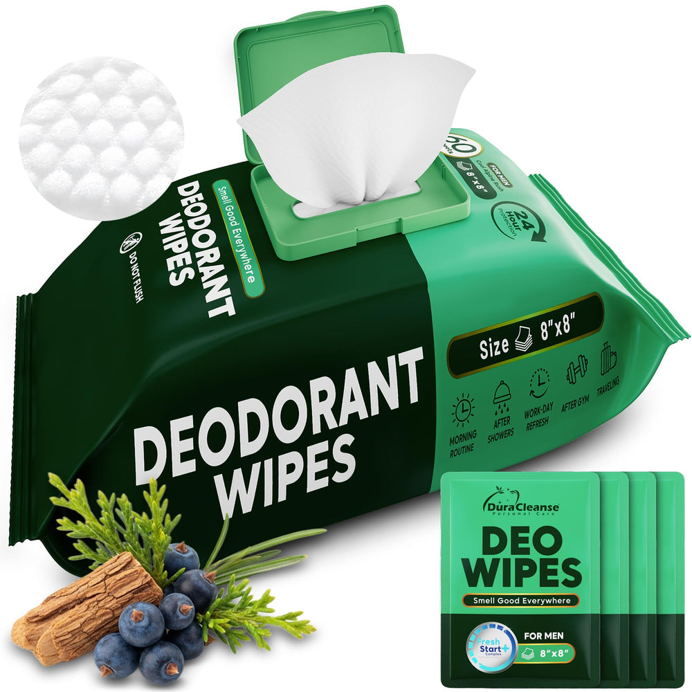 Dura Cleanse frente del empaque mostrando 60 toallitas y 4 individuales para almacenamiento fácil