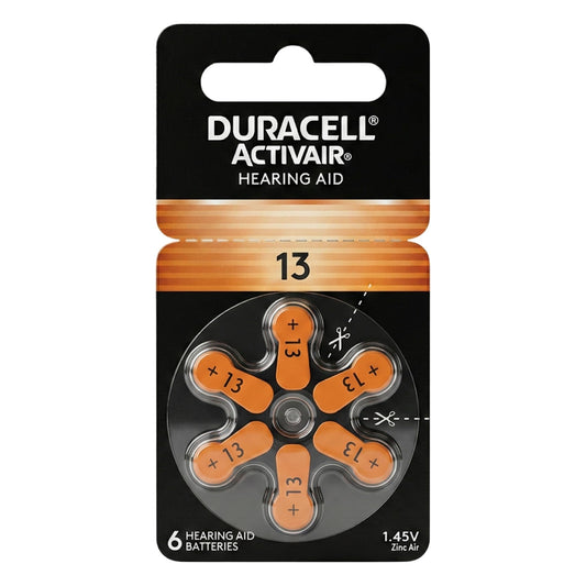 Duracell pilas auditivas tamaño 13 vista frontal mostrando el pack y claridad de marca, confiabilidad