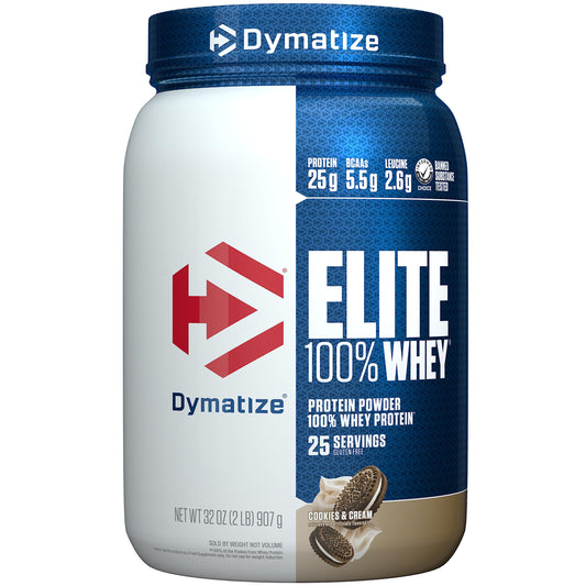 Dymatize envase frontal Cookies & Cream mostrando etiqueta y beneficio proteico