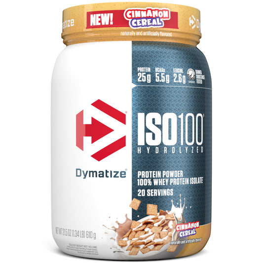 Dymatize bote frontal mostrando sabor cinnamon cereal y beneficios de pureza