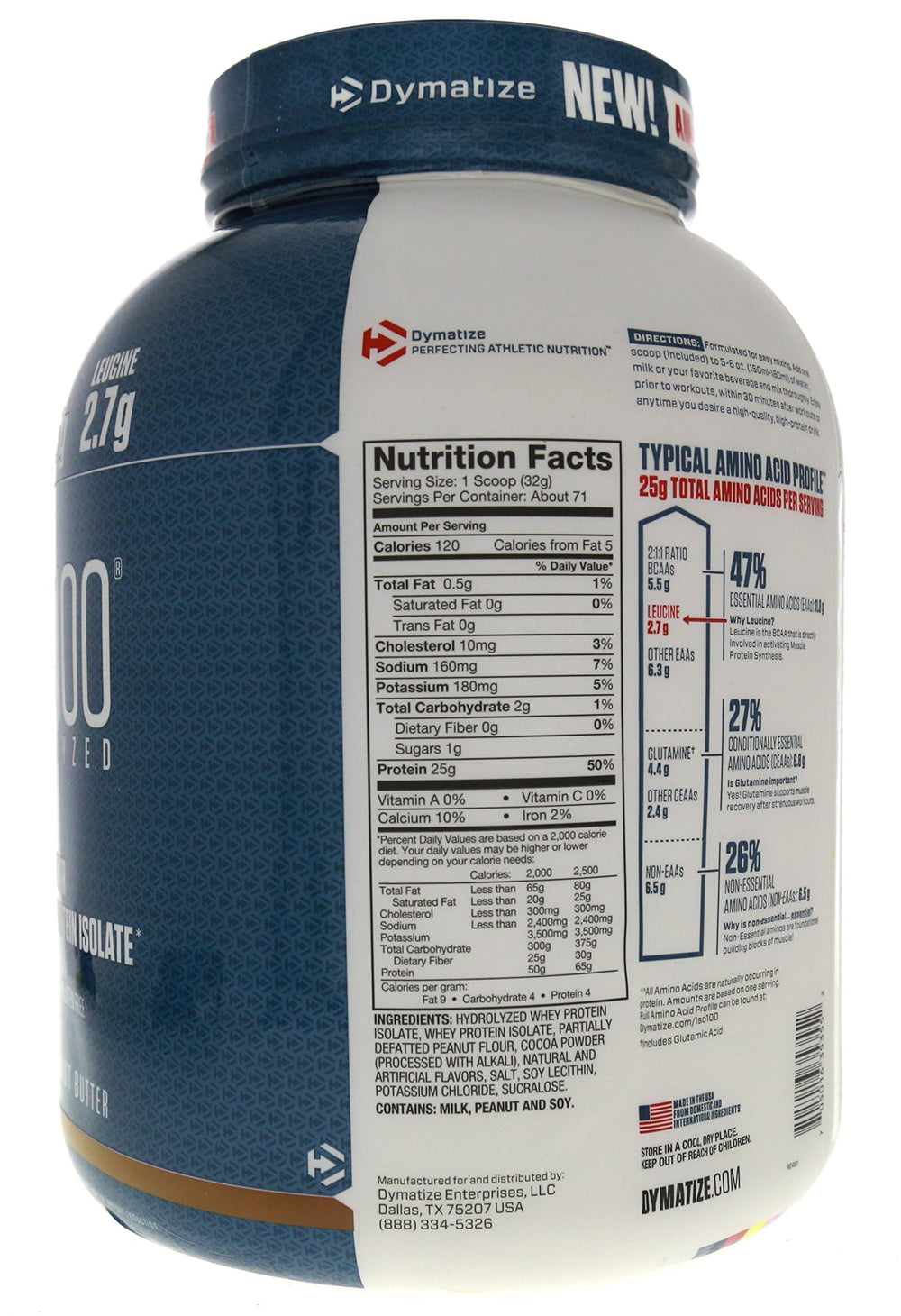 Dymatize empaque lateral con sellos y certificaciones de calidad visibles