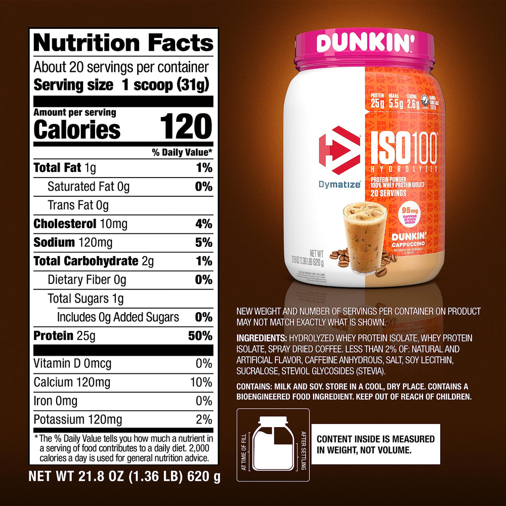 Dymatize etiqueta nutricional enfocada en datos de proteína y BCAA