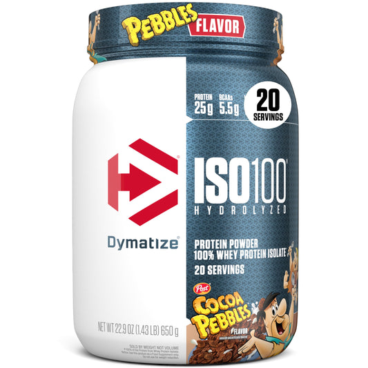 Dymatize ISO100 vista frontal del envase con información clara y sabor Cocoa Pebbles