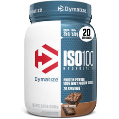 Dymatize ISO100 frente del envase mostrando marca y sabor, conveniencia