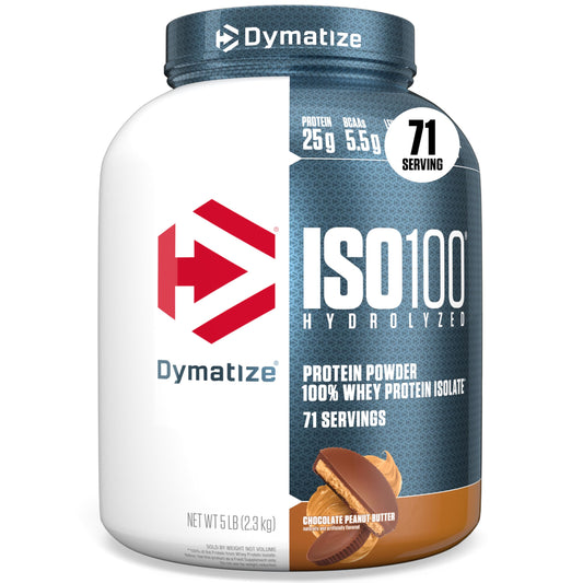 Dymatize envase frontal mostrando sabor Chocolate Peanut Butter y claridad de marca