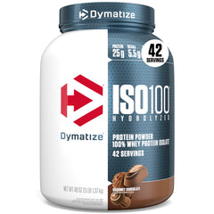 Dymatize ISO100 frontal del envase mostrando pureza y proteína