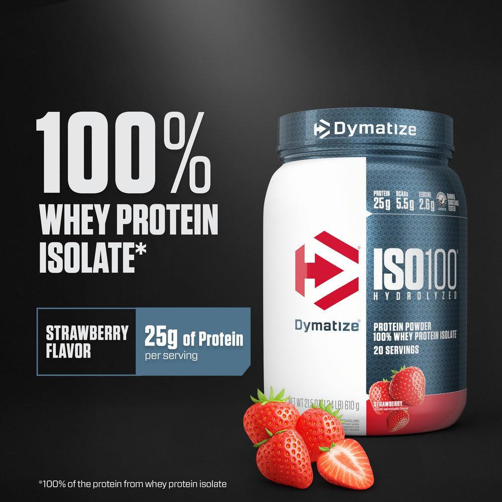 Textura del polvo Dymatize ISO100 fresa, fácil disolución y sensación ligera