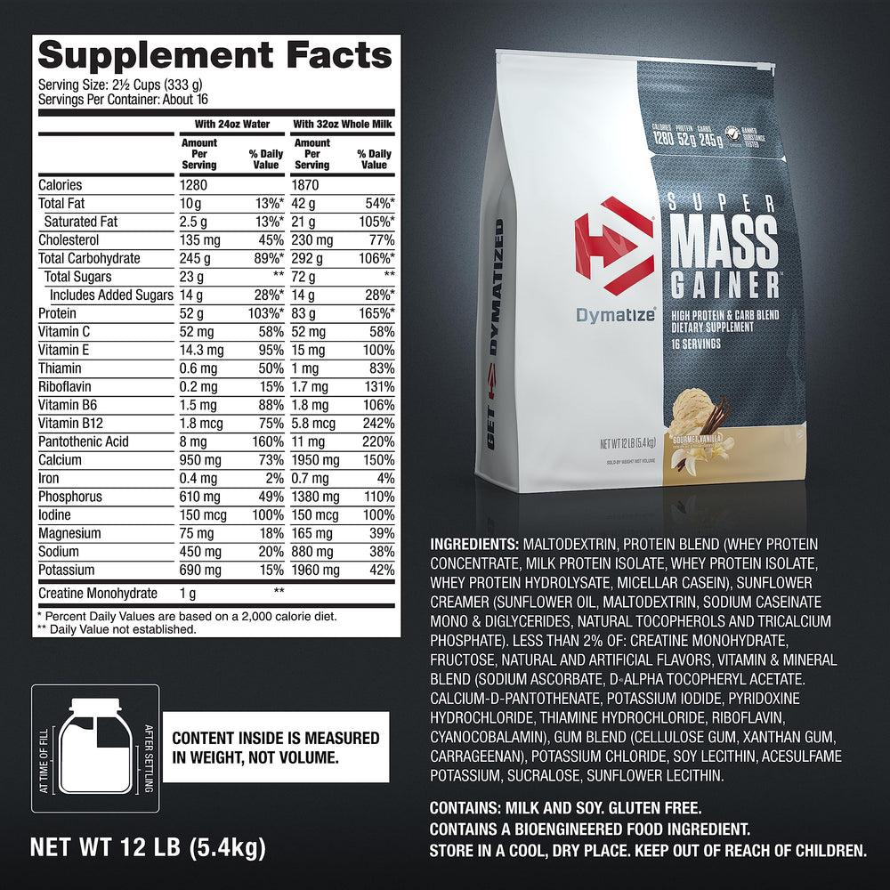 Vaso con batido Dymatize Super Mass Gainer después de entrenar, recuperación calórica rápida