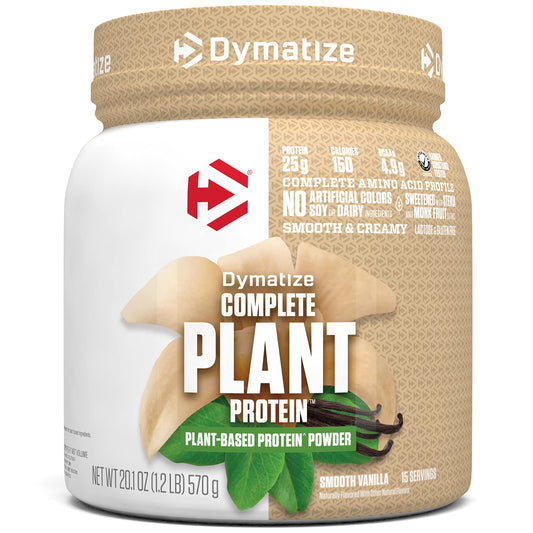 Envase Dymatize Vegan Plant Protein Vainilla Suave mostrando etiqueta y diseño, fácil identificación