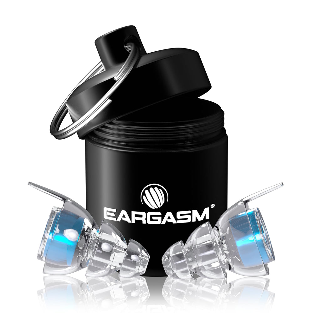 Eargasm frontal del empaque azul, protección audible y estilo