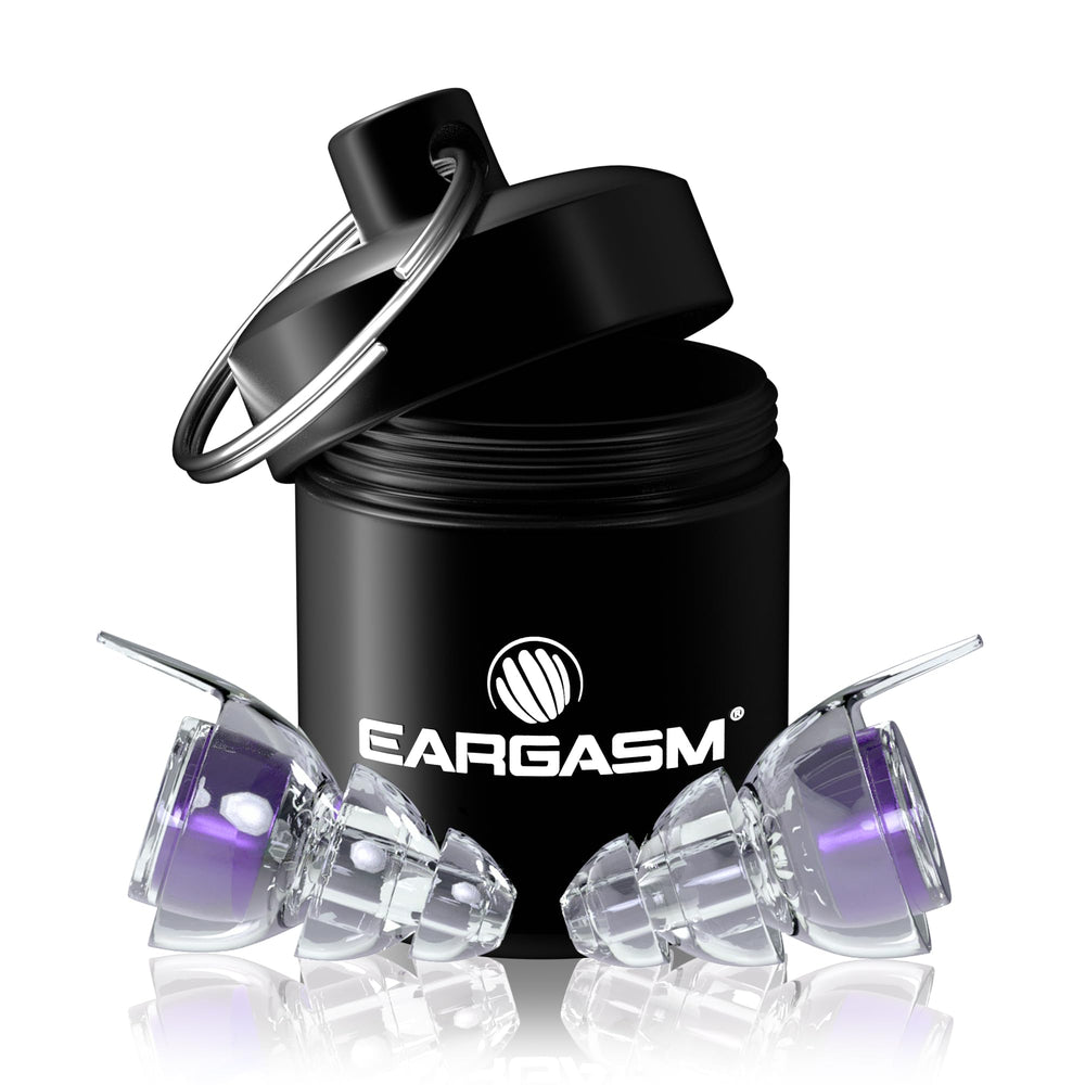 Eargasm tapones frontales morado hyperviolet mostrando diseño compacto y protección