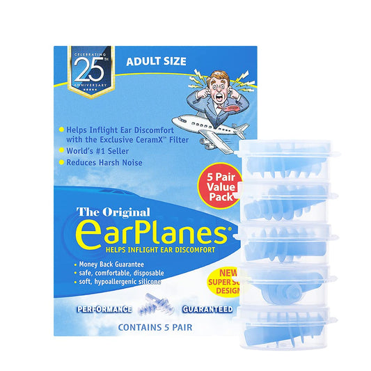 EarPlanes empaque frontal mostrando 5 pares y beneficios para viajar cómodo