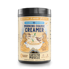 Earth Fed Muscle frente del envase mostrando sabor vainilla y 24 servicios