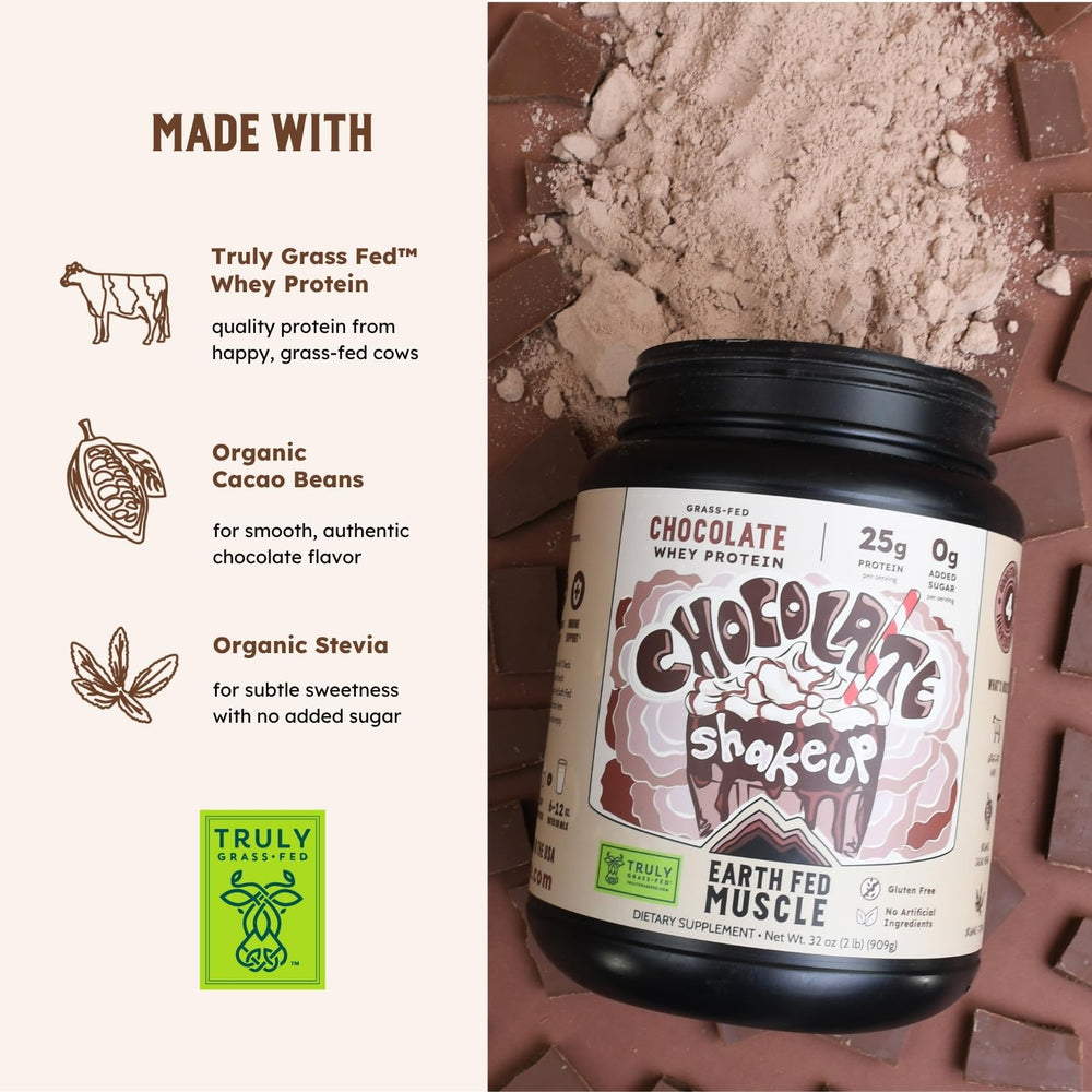 Earth Fed Muscle batido preparado en vaso, sabor chocolate y cremoso