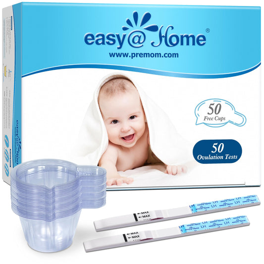 Easy@Home vista frontal del paquete mostrando inclusión de 50 tiras y 50 vasos y organización clara