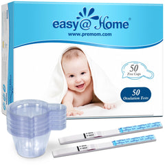 Easy@Home vista frontal del paquete mostrando inclusión de 50 tiras y 50 vasos y organización clara