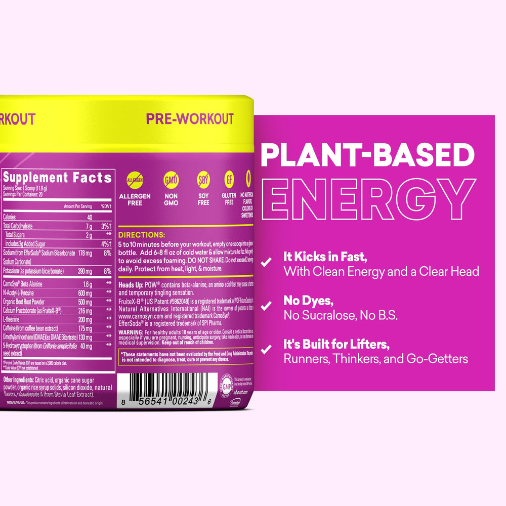 Vaso con EBOOST POW Berry Melon Fizz bebida efervescente lista para entrenar con sabor