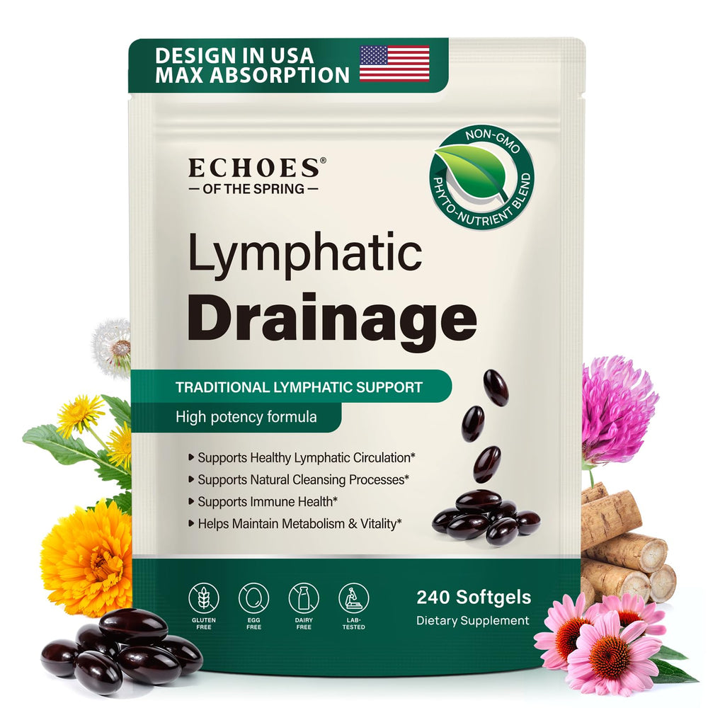 Echoes of the spring frasco frontal mostrando 240 softgels y conveniencia