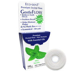 ECO-DENT empaque frontal del hilo dental mostrando diseño sostenible y beneficio ecoamigable