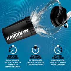 Tarro de Karbolyn junto a botella de agua y pesas, EFX Sports para uso pre e intra entrenamiento