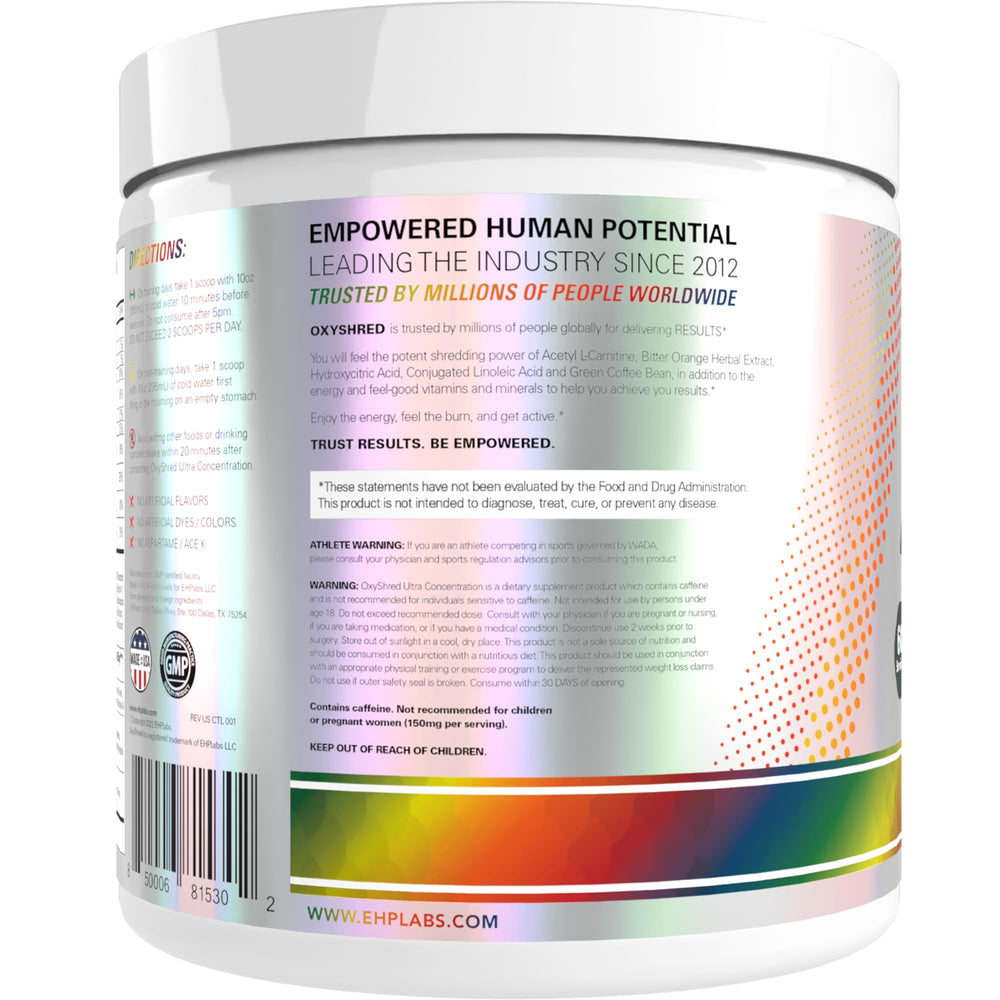 Envase abierto de OxyShred EHP Labs con cuchara medidora destacando porciones