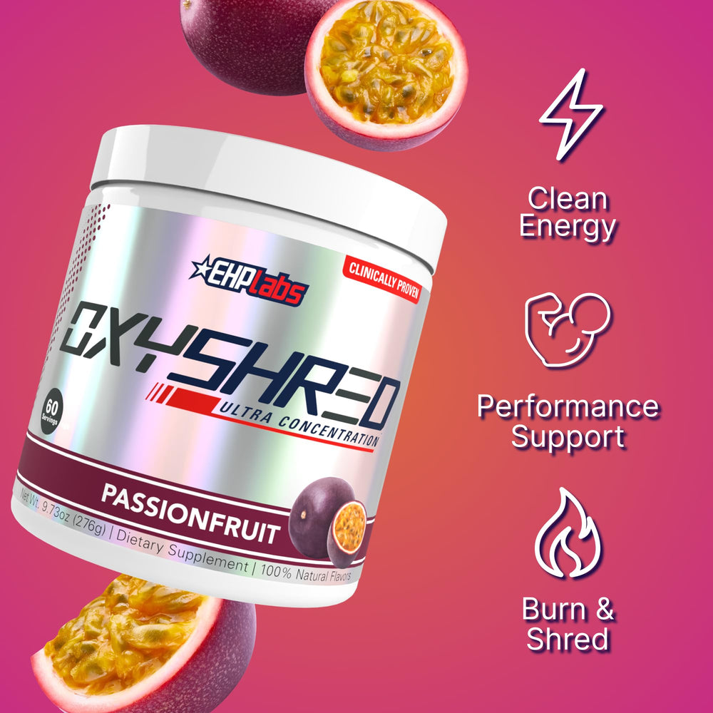 EHP Labs OxyShred cuchara medidora con polvo, ilustra dosis precisa y fácil uso