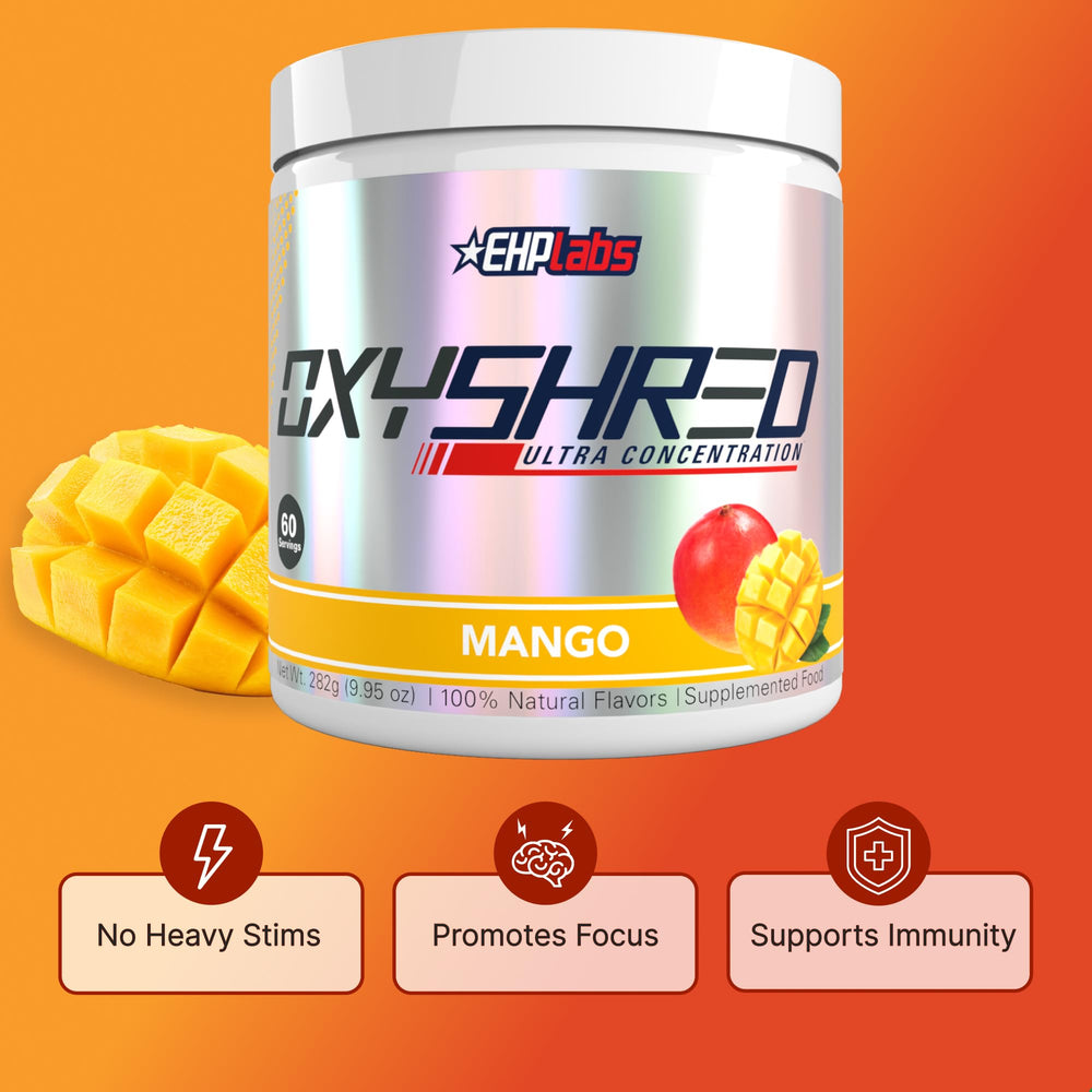 Etiqueta de EHP Labs OxyShred con lista de ingredientes y beneficios destacados