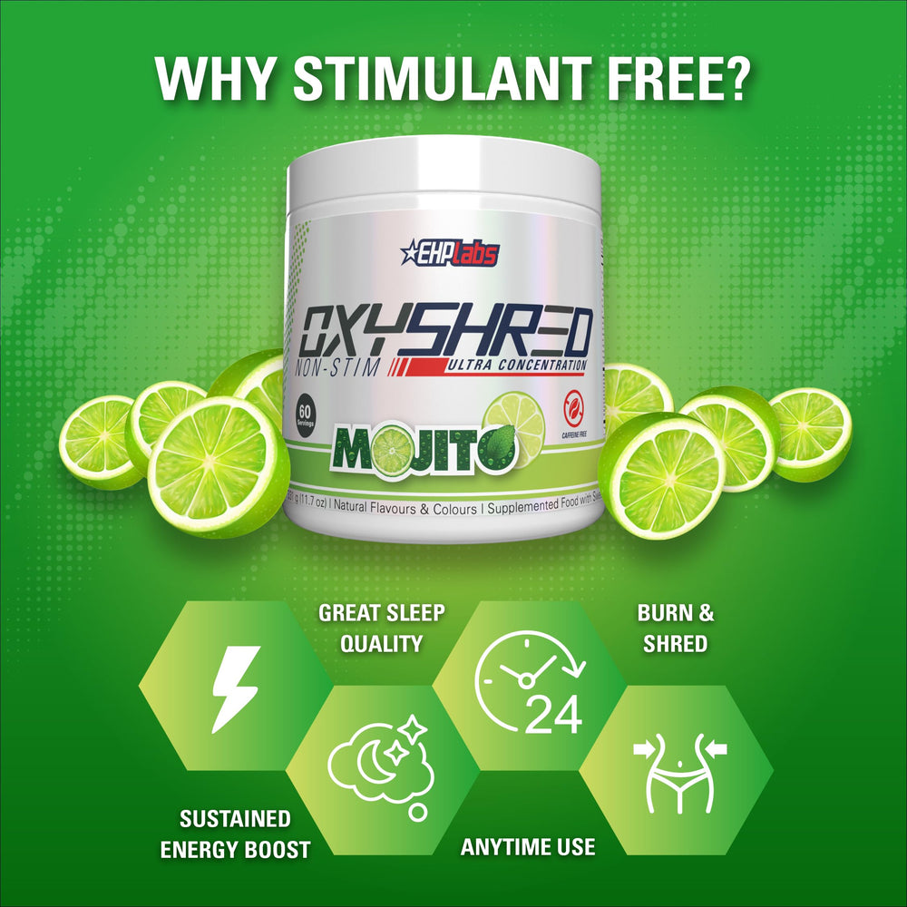 Detalle de etiqueta de EHP Labs OxyShred con información nutricional y calidad GMP
