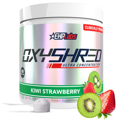 EHP Labs envase frontal OxyShred mostrando presentación Kiwi Strawberry y dosis