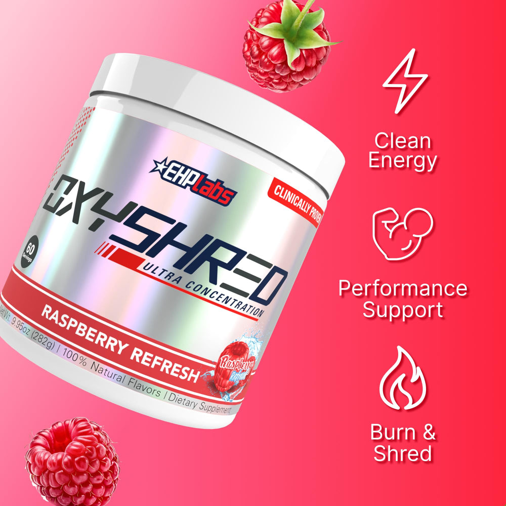 EHP Labs OxyShred polvo en cuchara mostrando textura fina y mezcla rápida para mejor disolución