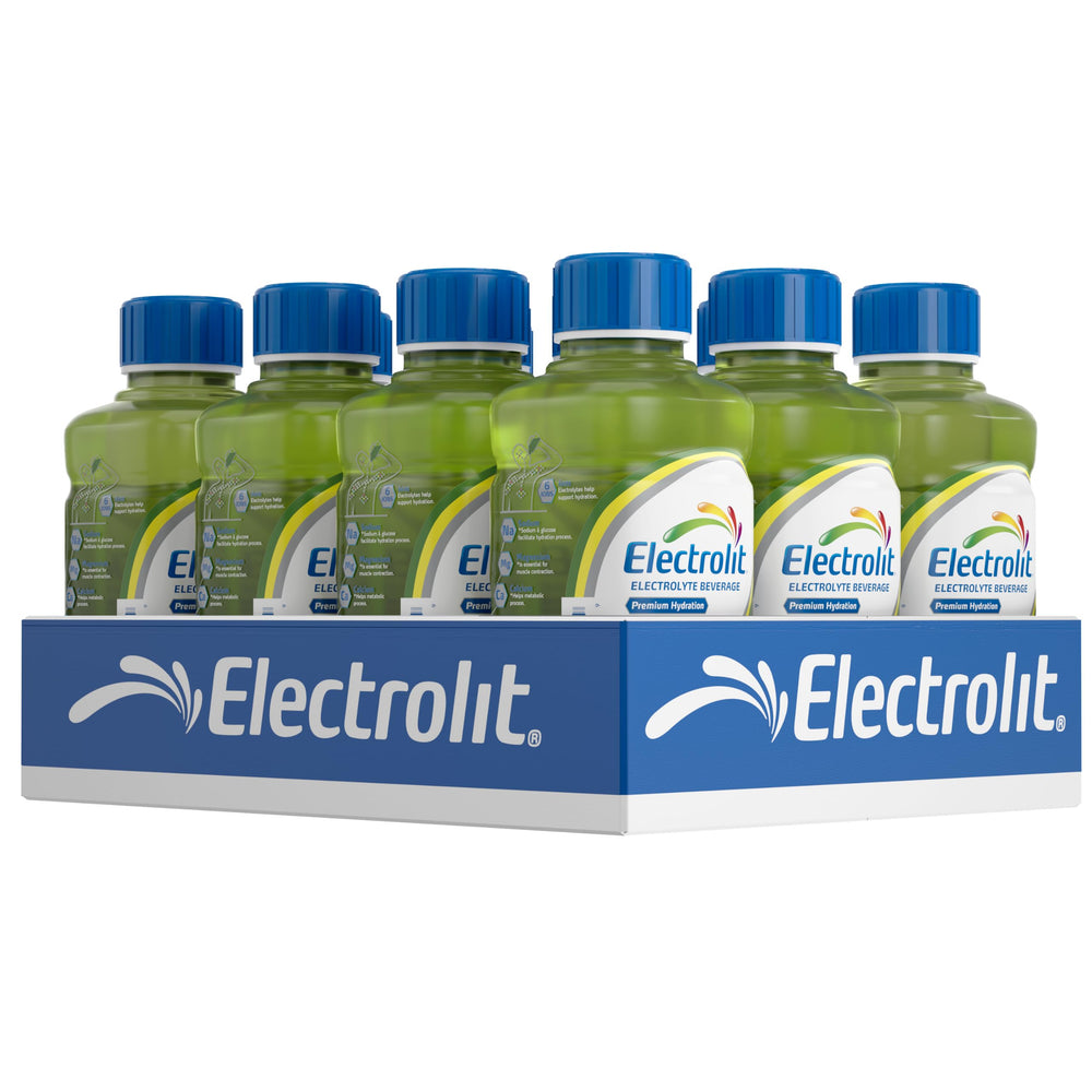 Electrolit vista frontal del envase mostrando sabor pepino-lima y tamaño 21 fl oz, hidratación rápida