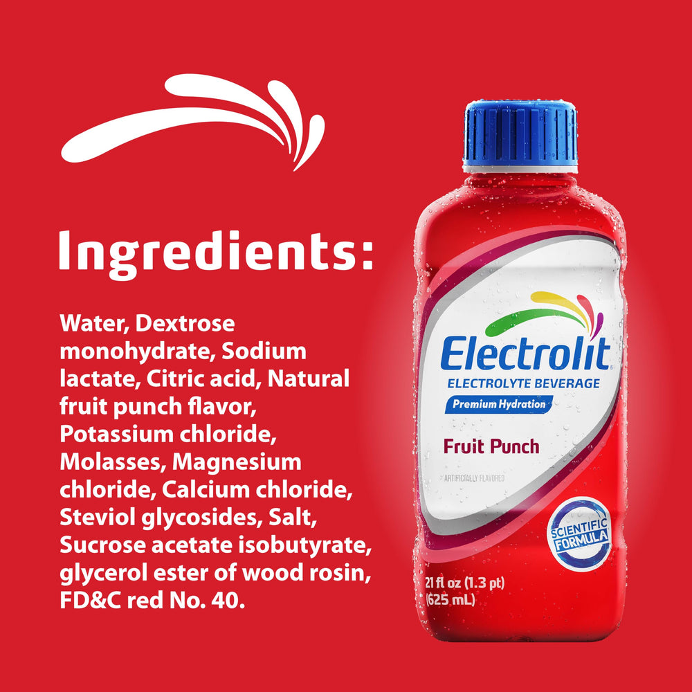 Etiqueta nutricional de Electrolit Fruit Punch mostrando electrolitos y contenido por porción