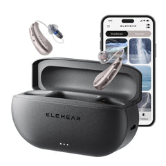 ELEHEAR auriculares frontales y estuche mostrando diseño elegante y discreción