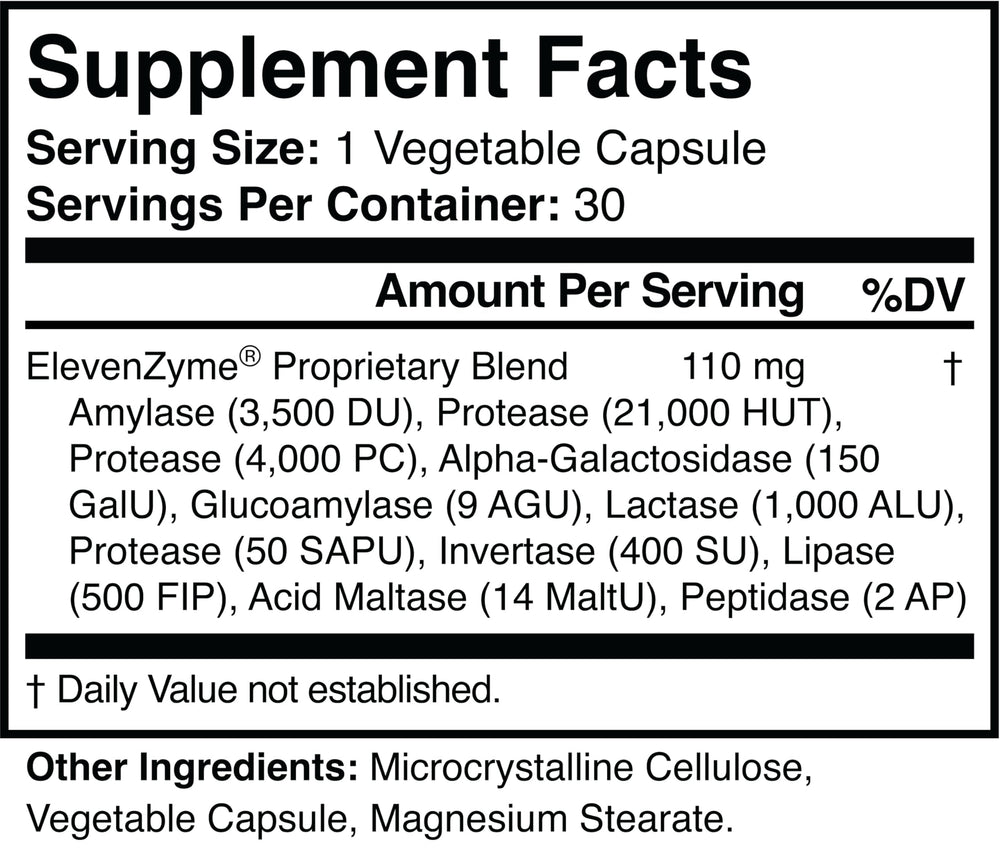 ElevenZyme etiqueta con lista de 11 enzimas para digestión equilibrada