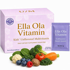 Ella Ola Vitamin frente del paquete mostrando 30 sobres y beneficio de uso mensual