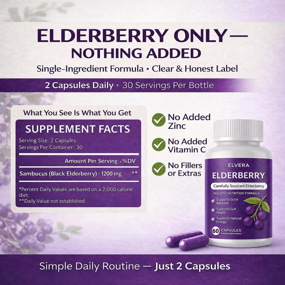 ELVERA cápsulas de Elderberry en primer plano mostrando textura fácil de tragar y pureza
