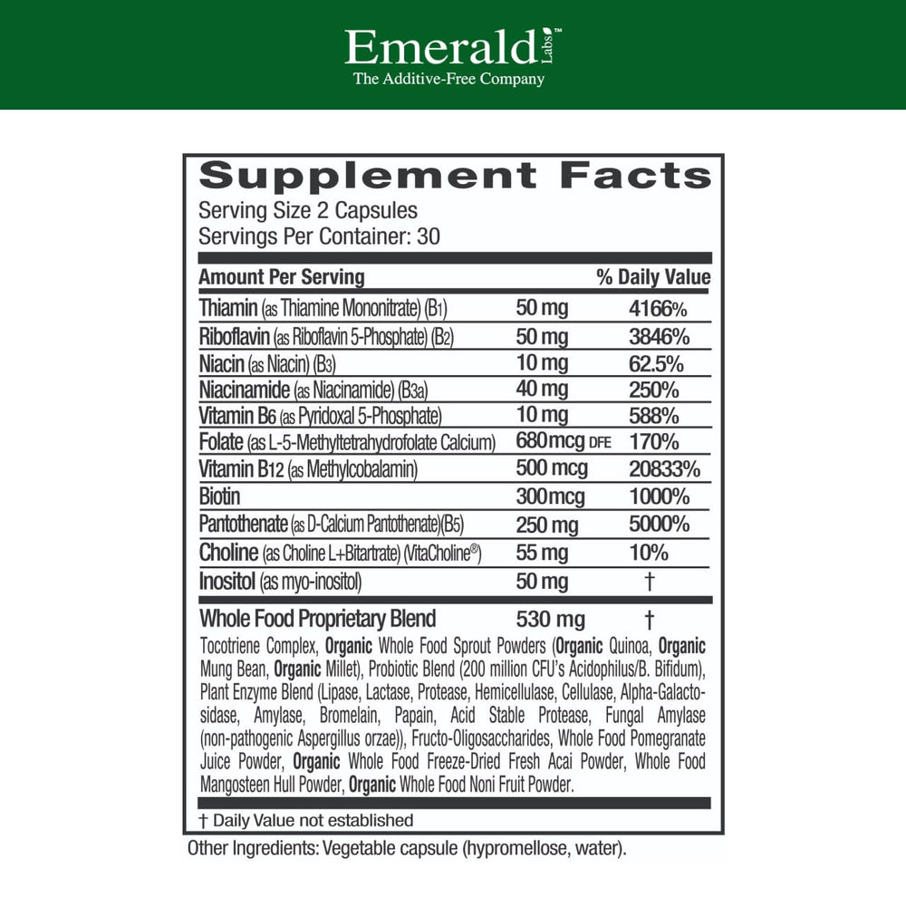 EMERALD LABS detalle de cápsula B-Healthy que destaca textura y pureza