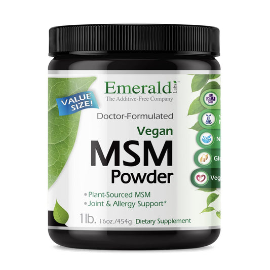 Emerald Labs MSM polvo en envase, apoyo para articulaciones y piel.