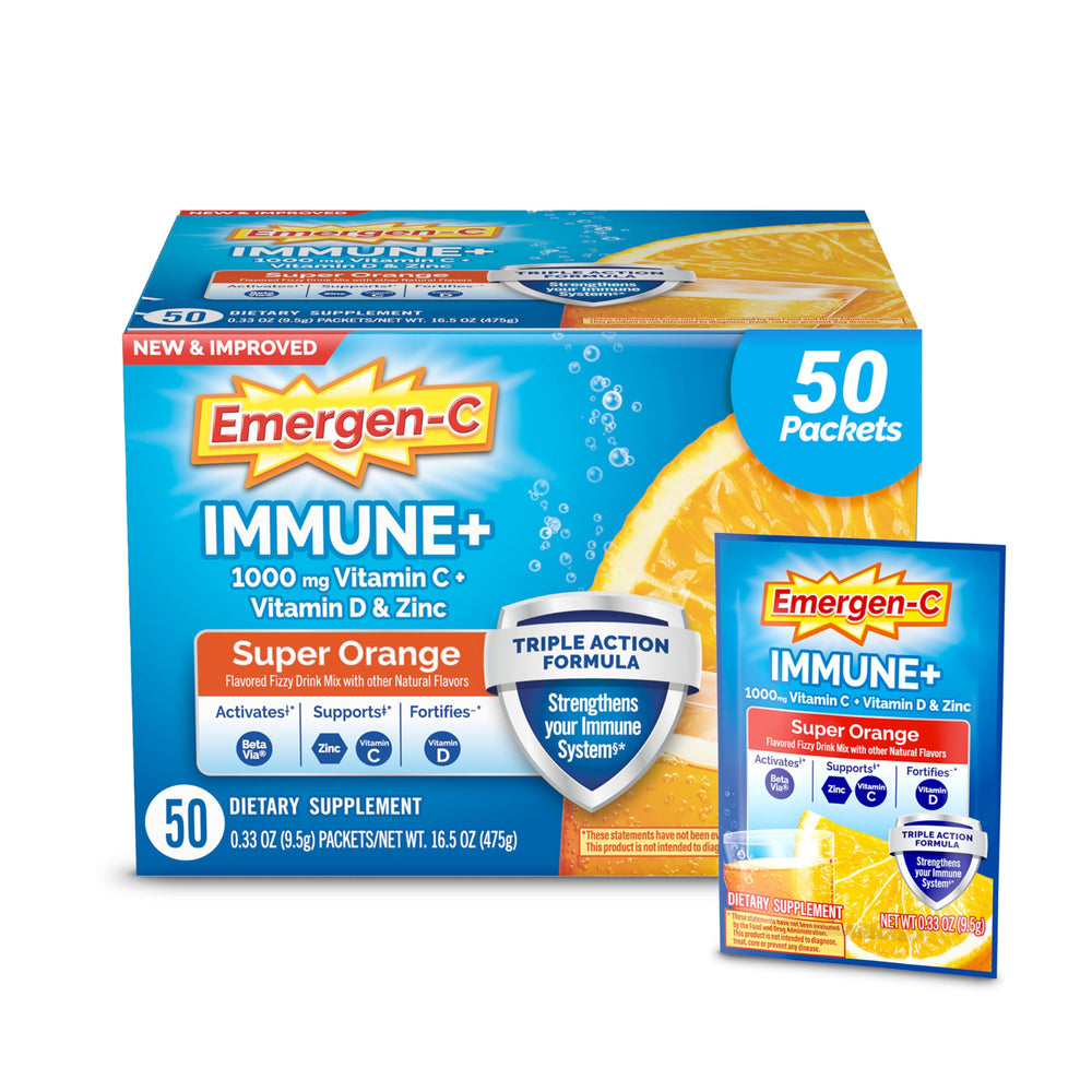 Emergen-C caja frontal Super Orange mostrando 50 sobres y beneficio conveniencia