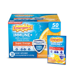 Emergen-C caja frontal Super Orange mostrando 50 sobres y beneficio conveniencia