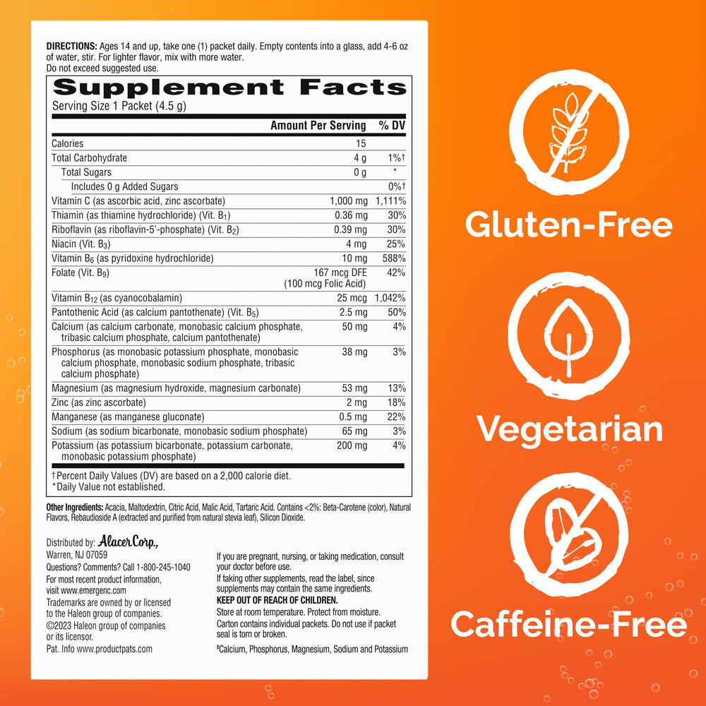Emergen-C etiqueta nutricional detallada mostrando ingredientes clave