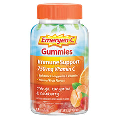 Emergen-C frasco delantero multiaroma mostrando 45 gomitas y beneficio de vitamina C
