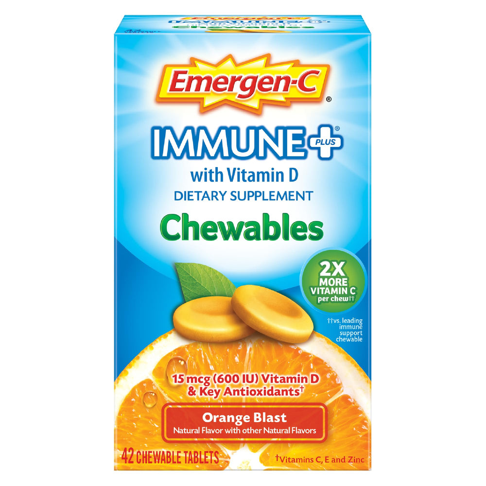 Emergen-C frasco frente mostrando 42 tabletas para conveniencia diaria