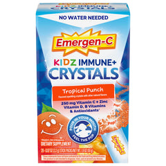 Emergen-C Kidz frente del paquete mostrando 28 sobres, conveniencia portátil