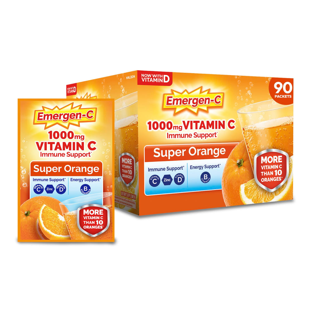 Emergen-C frente del paquete mostrando 90 sobres y conveniencia