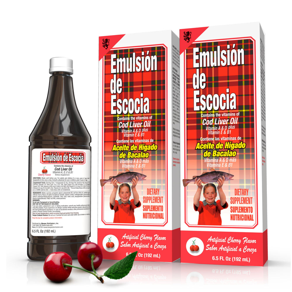 Emulsion de Escocia frasco frontal mostrando etiqueta y sabor cereza, fácil identificación