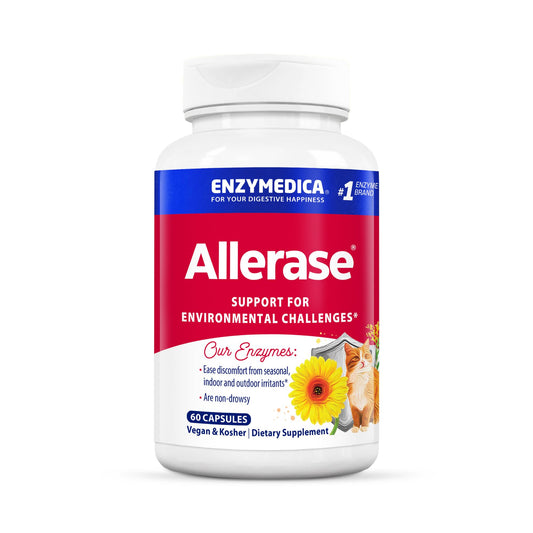 Allerase de Enzymedica: botella de cápsulas para apoyo respiratorio diario.