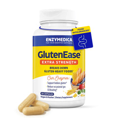 Enzymedica GlutenEase Extra Strength cápsula en la mano para apoyar la digestión tras comer